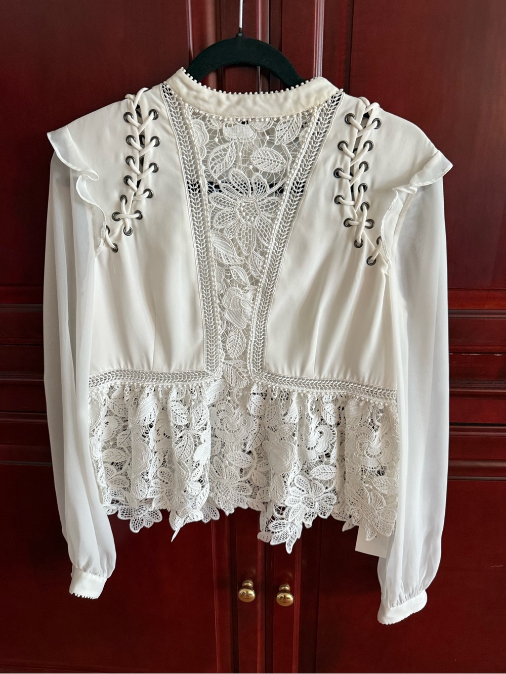 Self-Portrait Cream Lace Peplum Blouse with Eyelet Lace-Up Shoulders